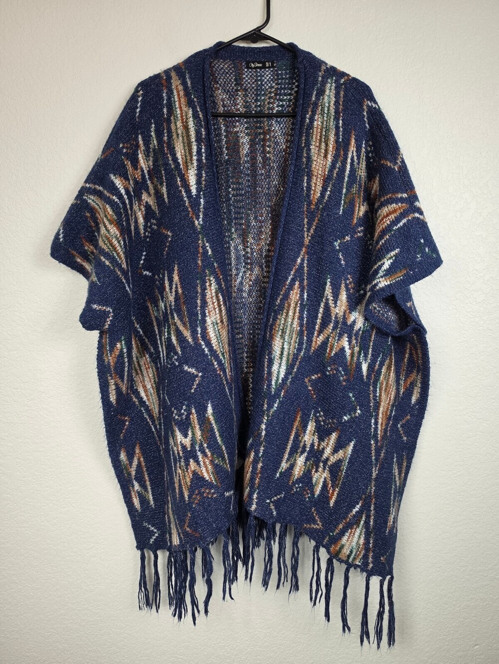 Vintage City Streets Blue Patterned Knit Poncho